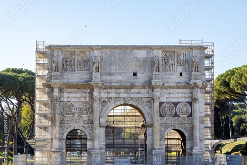 Canvas Print Maintenance works at the Arch of Constantine in Rome, Italy, partially covered b