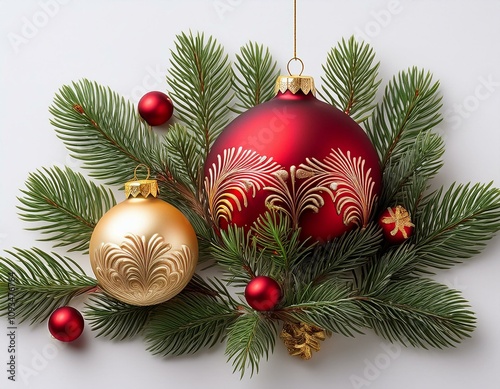 adorno de navidad de ramas de abeto y bolas de navidad rojas y doradas, hiperrealista, fondo blanco neutro