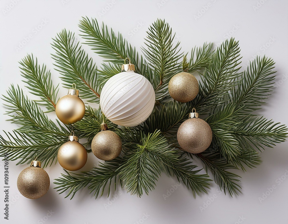 adorno de navidad de ramas de abeto y bolas de navidad rojas y doradas, hiperrealista, fondo blanco neutro adorno de navidad de ramas de abeto y bolas de navidad rojas y doradas, hiperrealista, fondo blanco neutro