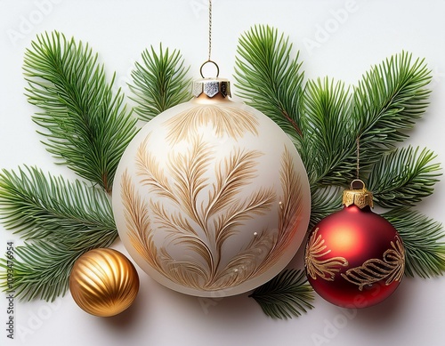 adorno de navidad de ramas de abeto y bolas de navidad rojas y doradas, hiperrealista, fondo blanco neutro