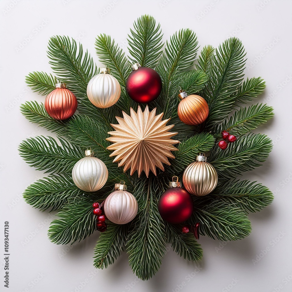 adorno de navidad de ramas de abeto y bolas de navidad rojas y doradas, hiperrealista, fondo blanco neutro adorno de navidad de ramas de abeto y bolas de navidad rojas y doradas, hiperrealista, fondo blanco neutro