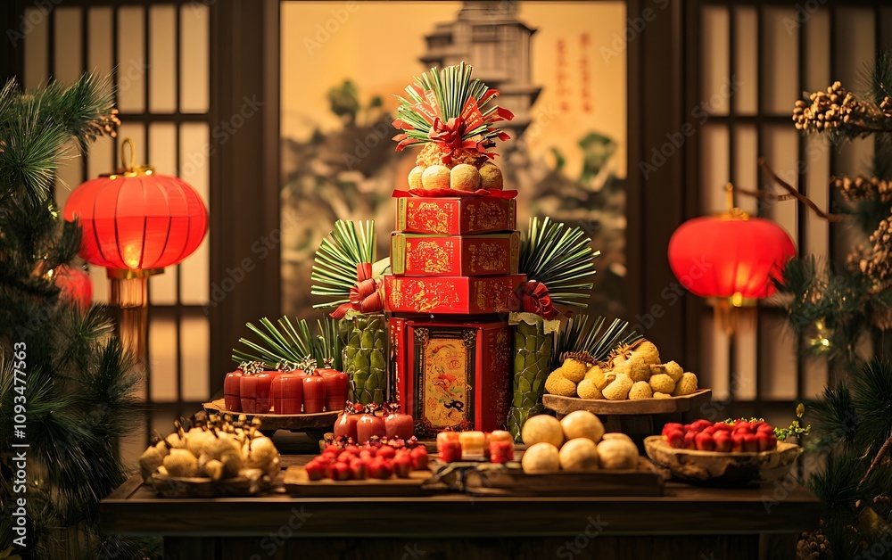 A beautifully arranged table with traditional festive foods, including colorful sweets and symbolic fruits, set against a backdrop of lanterns and decorative plants. A beautifully arranged table with traditional festive foods, including colorful sweets and symbolic fruits, set against a backdrop of lanterns and decorative plants.