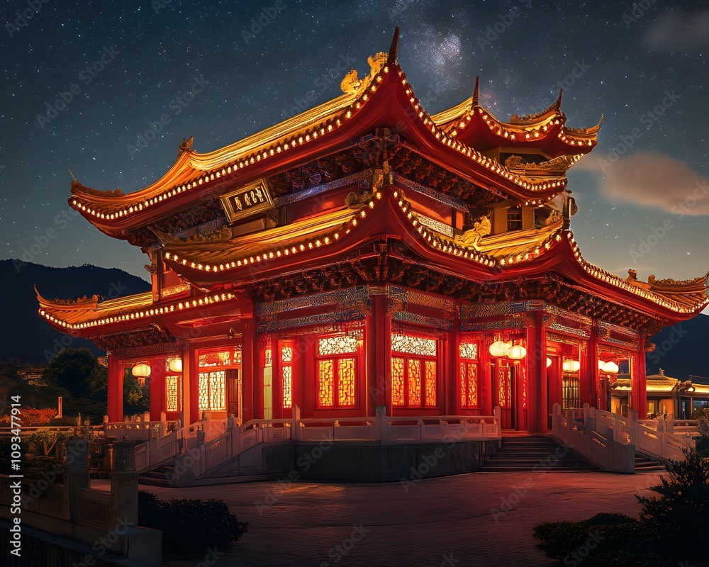 A beautifully illuminated traditional architecture at night, showcasing intricate designs and vibrant colors under a starry sky. A beautifully illuminated traditional architecture at night, showcasing intricate designs and vibrant colors under a starry sky.