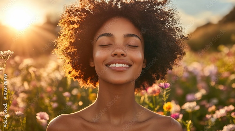 Happy woman with eyes closed in a flower field at sunset. Happy woman with eyes closed in a flower field at sunset.