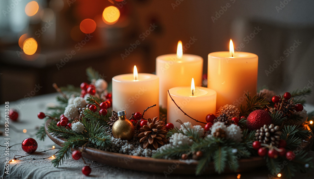 Decorative arrangement of burning candles with pine branches and ornaments on a festive table setting Decorative arrangement of burning candles with pine branches and ornaments on a festive table setting