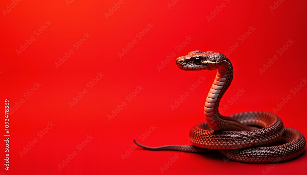 Fototapeta premium Realistic close-up of a coiled snake against a bold red background