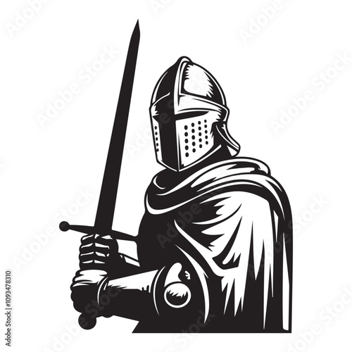 medieval knight holding a sword silhouette vector art black color design and solid white background 