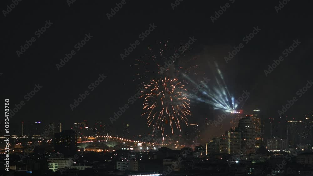 Blurred video background of fireworks or fireworks arranged according to the event or New Year festival, various Christmas events, let tourists watch the beauty of light and sound at night. Blurred video background of fireworks or fireworks arranged according to the event or New Year festival, various Christmas events, let tourists watch the beauty of light and sound at night.