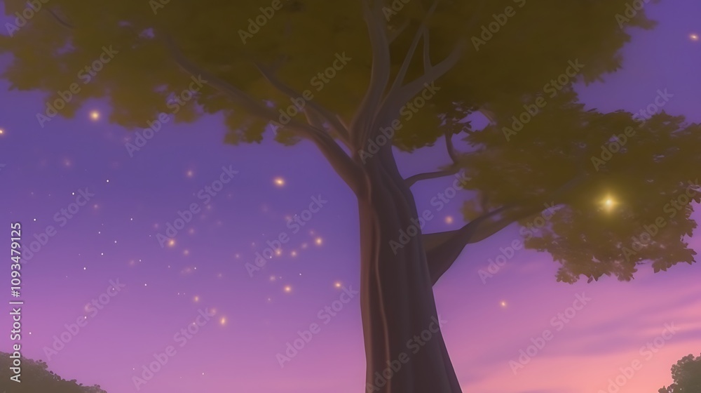 Twilight Treetop Fireflies Peaceful Evening Scene Twilight Treetop Fireflies Peaceful Evening Scene