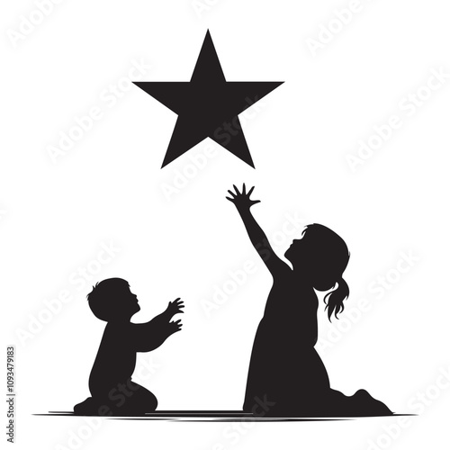 Child reaching for a star silhouette vector art black color design and solid white background 