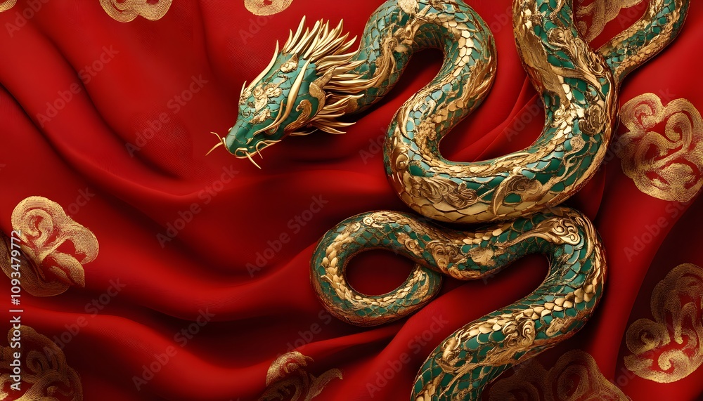 Fototapeta premium A majestic dragon entwined on a rich red fabric, symbolizing power and tradition.