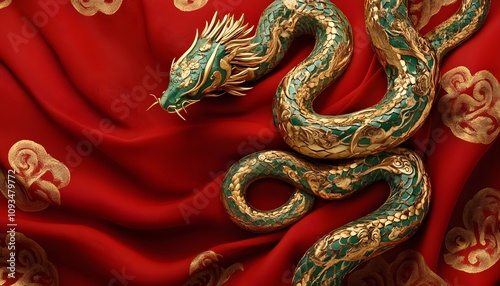 A majestic dragon entwined on a rich red fabric, symbolizing power and tradition.