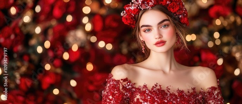 Elegant Young Woman in Red Floral Dress Surrounded by Roses and Lights, Capturing the Essence of Beauty and Romance in a Stunning Portrait