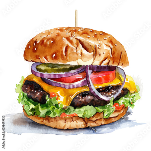 A watercolor drawing of Cheeseburger, isolated on a white background. Cheeseburger vector.