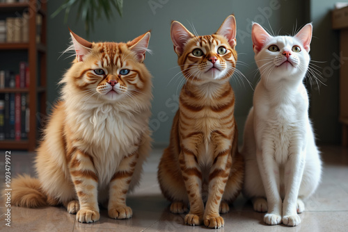 three cats sitting on a polished floor, the first cat is a fluffy and the other cat is a slender,