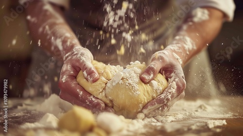 Close-up of hands kneading dough with flour flying, preparing fresh homemade bread in the kitchen photo