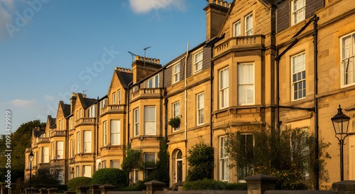 An expensive luxurious row of Edwardian, Victorian and Georgian houses and other buildings