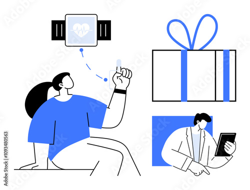 Person interacting with smartwatch displaying heart monitor, doctor consulting on tablet, and gift box with ribbon. Ideal for fitness, health, technology, telemedicine, gifts, wearable tech