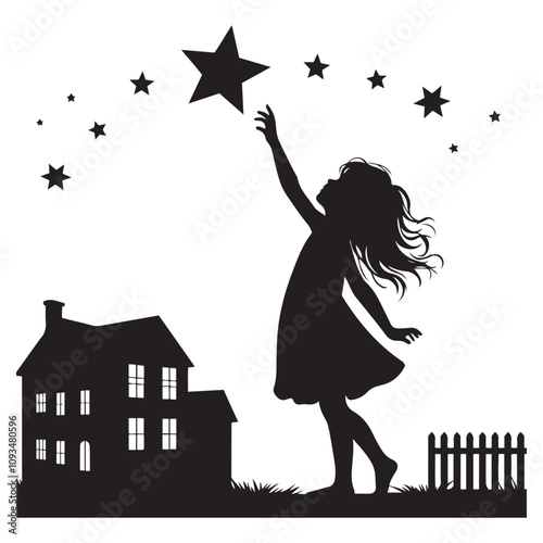 Child reaching for a star silhouette vector art black color design and solid white background 