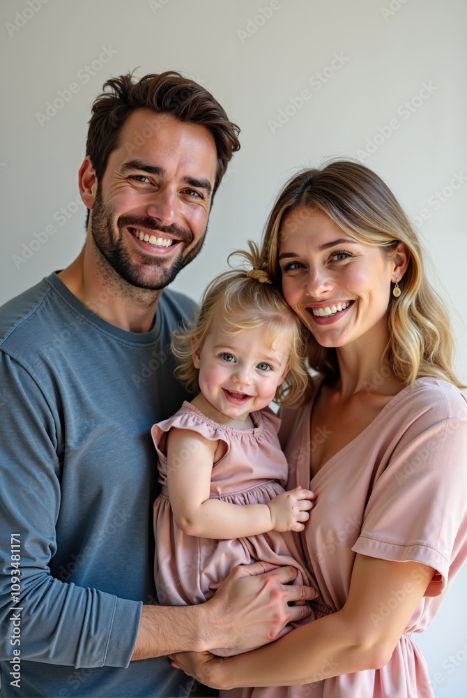 Caucasian family of three: a man, a woman and a young girl with blonde hair, The image exudes warmth and happiness.