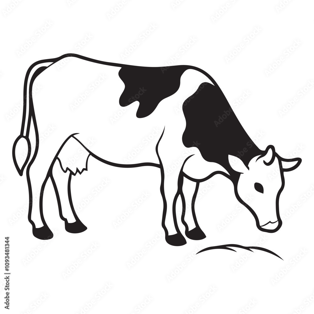 Cow grazing in a field silhouette vector art black color design and solid white background Cow grazing in a field silhouette vector art black color design and solid white background