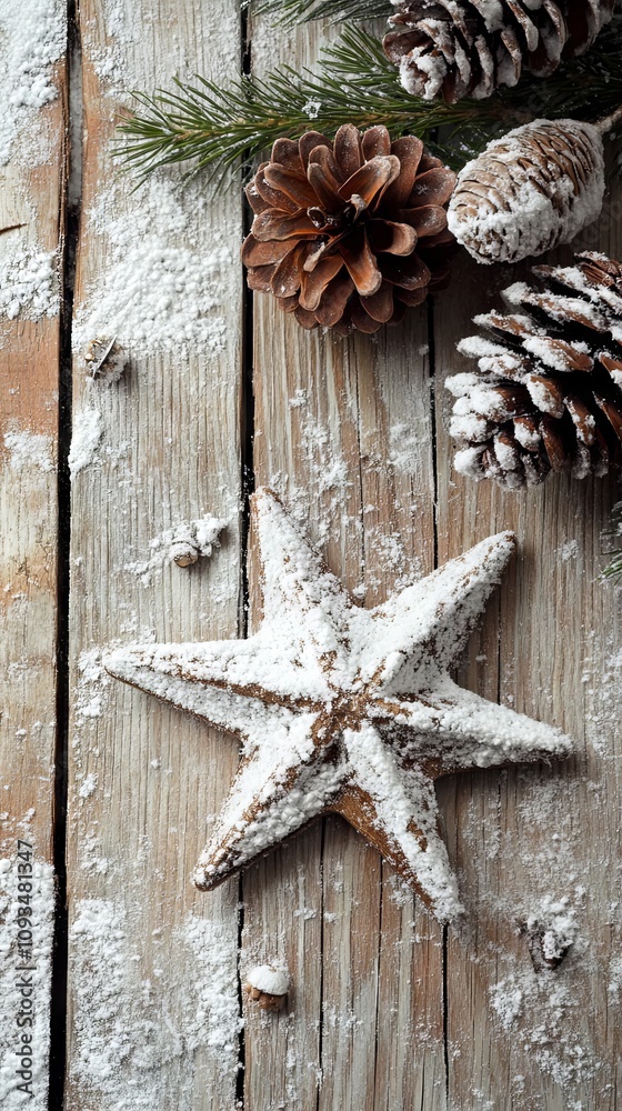 Winter Wonderland: Pine Cones and Star on Rustic Wooden Background Winter Wonderland: Pine Cones and Star on Rustic Wooden Background