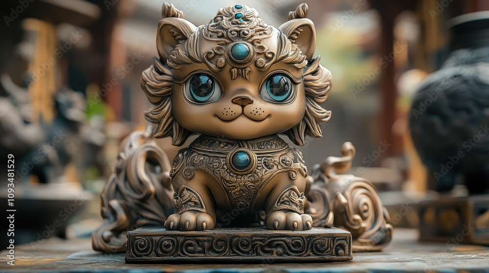Fototapeta premium A decorative figurine of a stylized cat with intricate designs and vibrant blue accents.