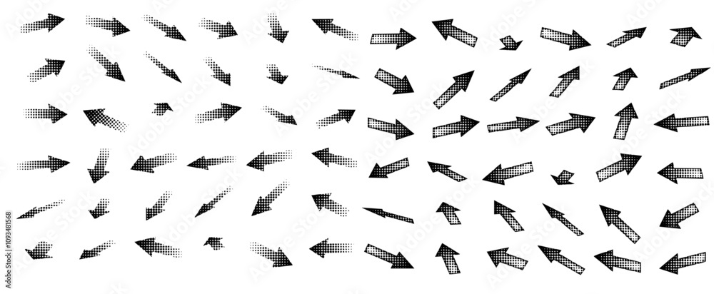 Set of different shapes of halftone effect arrows in perspective, drawn in black digital form for design in fun presentations and animated visuals with a tonal gradient effect. vector illustration
