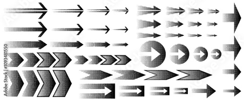 Set of different shapes of halftone effect arrows, hand-drawn in black for design in fun presentations and animated visuals with tonal gradient effect. vector illustration