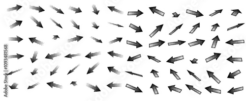 Set of different shapes of halftone effect arrows in perspective, drawn in black digital form for design in fun presentations and animated visuals with a tonal gradient effect. vector illustration