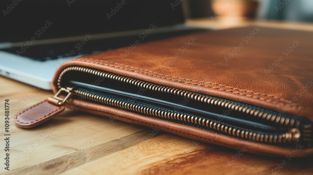 Stylish Brown Leather Portfolio with Zipper Close on Wooden Table Next to Laptop, Perfect for Business Meetings and Creative Professionals