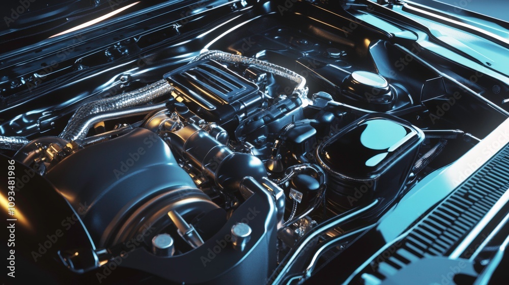 Pristine Modern Engine: Freshly Repaired and Gleaming Under Sharp Directional Lighting in a Sleek Garage, Captured with Pristine Modern Engine: Freshly Repaired and Gleaming Under Sharp Directional Lighting in a Sleek Garage, Captured with