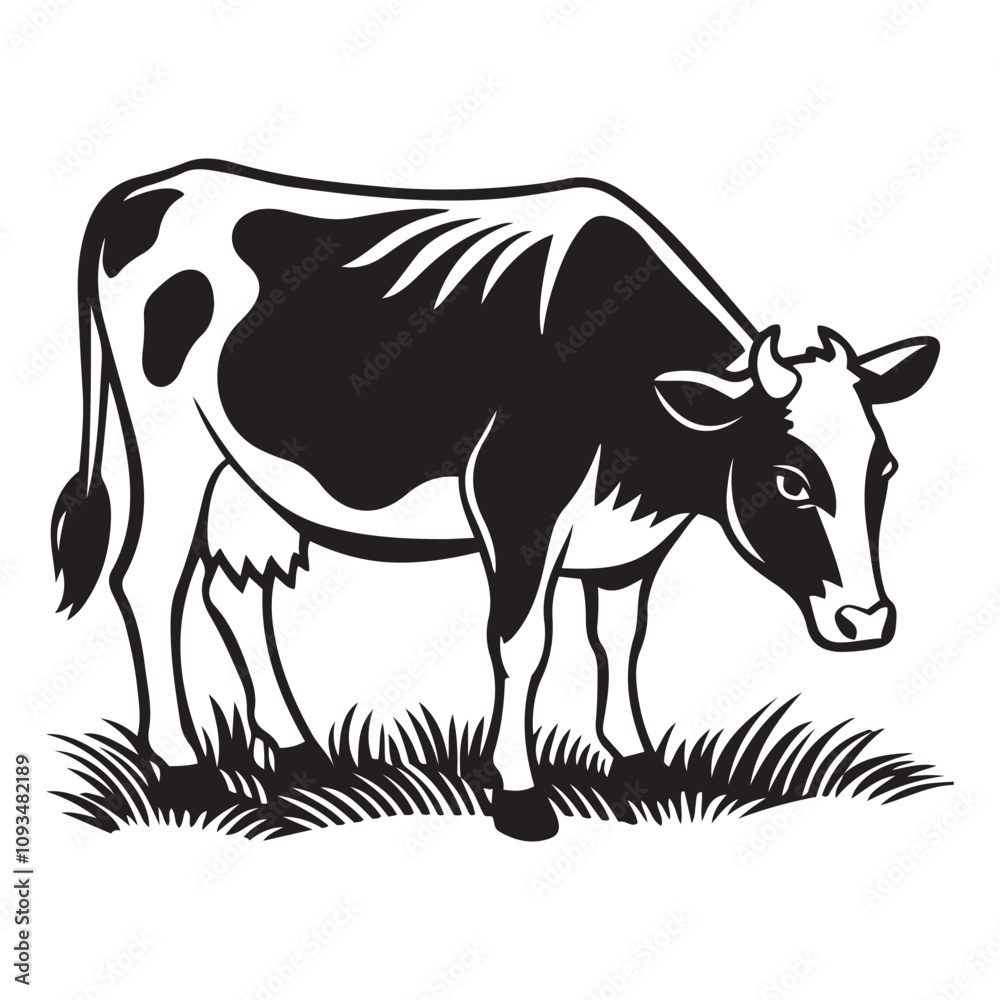 Cow grazing in a field silhouette vector art black color design and solid white background Cow grazing in a field silhouette vector art black color design and solid white background