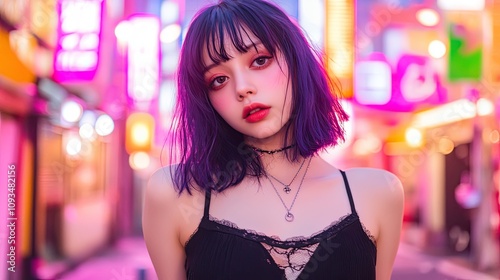 Young woman with stylish look standing in vibrant neon city street at night, surrounded by colorful lights and urban atmosphere capturing modern fashion trends and youthful energy