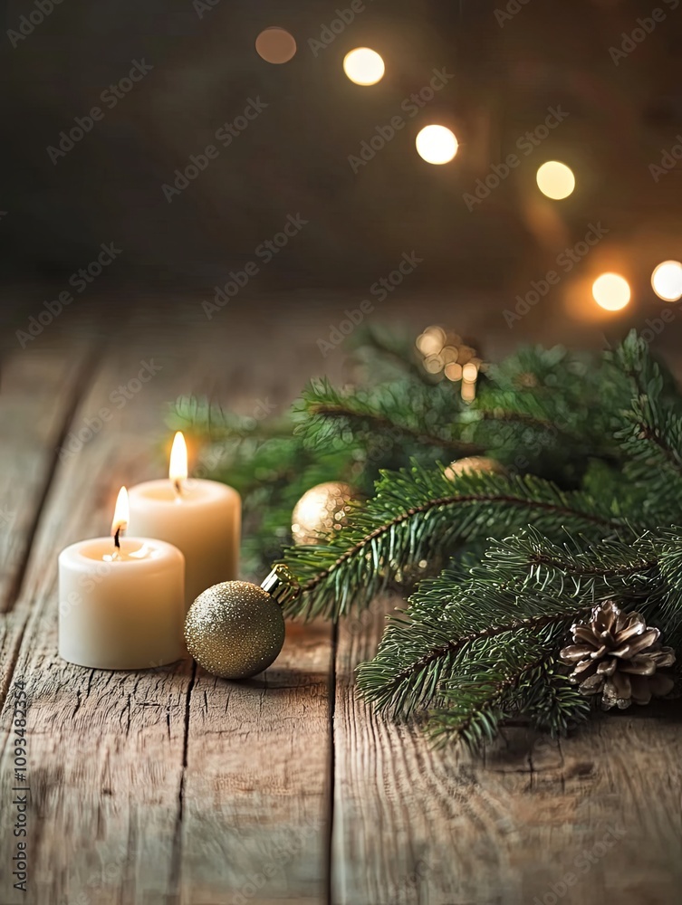 Christmas Decorations with Candles and Pine Branch on Rustic Table Christmas Decorations with Candles and Pine Branch on Rustic Table