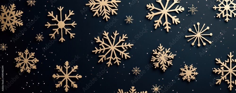 Scattered geometric snowflakes in gold, arranged on a dark navy background with subtle gradients for a chic 3D effect Scattered geometric snowflakes in gold, arranged on a dark navy background with subtle gradients for a chic 3D effect