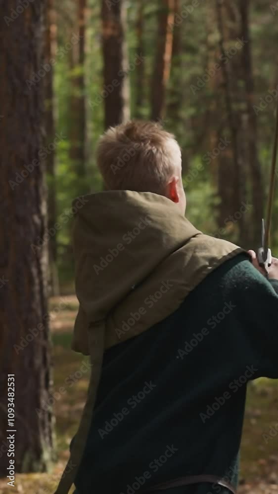 Kid in middle age costume with hood with sword runs in spring wood backside view. Young warrior of medieval period. Sports activity and education Kid in middle age costume with hood with sword runs in spring wood backside view. Young warrior of medieval period. Sports activity and education
