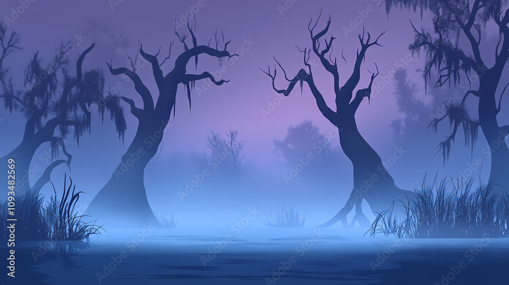 Mysterious and misty swamp landscape with foggy water and twisted trees, swamp, mist, mysterious, eerie, foggy, landscape. Foggy Swamp Landscape. Illustration Mysterious and misty swamp landscape with foggy water and twisted trees, swamp, mist, mysterious, eerie, foggy, landscape. Foggy Swamp Landscape. Illustration