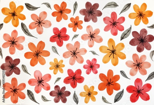 Wallpaper Mural Abstract floral design. Watercolor style flowers and leaves. Colorful petals. Various shades of orange, red and brown flowers. Spring or autumn themes. Suitable for prints, patterns or backgrounds. Torontodigital.ca