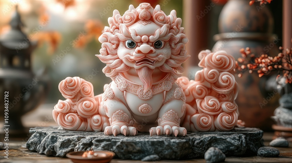 Fototapeta premium A decorative lion statue with intricate designs and swirling clouds, symbolizing protection.
