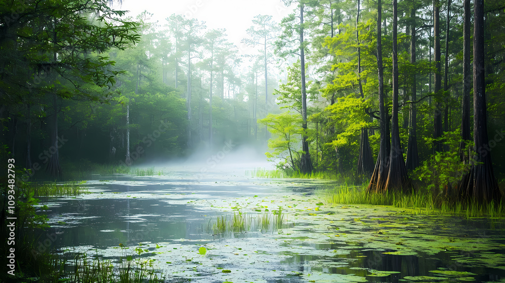 Misty swamp landscape towering trees backdrop atmospheric nature photography. Foggy Swamp Landscape. Illustration Misty swamp landscape towering trees backdrop atmospheric nature photography. Foggy Swamp Landscape. Illustration