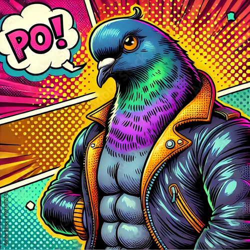 Urban pop art illustration featuring a detailed close-up of a pigeon wearing a trendy orange bomber jacket. Concept of street style with comic book aesthetics in bold, contemporary colors