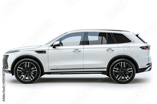 White modern SUV on isolated background, side view.