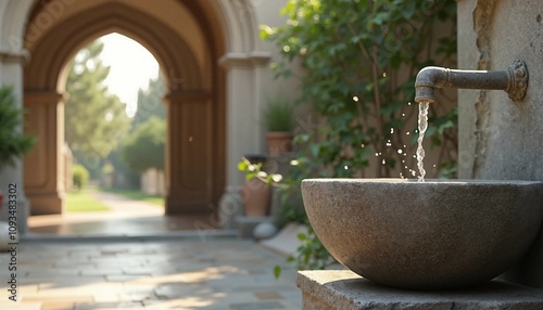 Stone fountain tranquilly flowing in serene courtyard with arched doorway