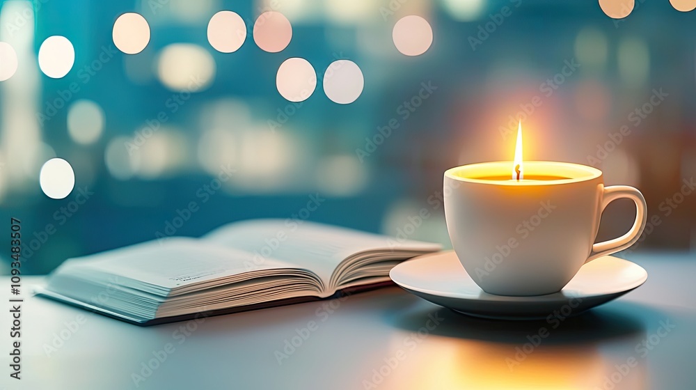Cozy scene with a lit candle beside a cup of warm beverage and an open book, creating a serene atmosphere ideal for relaxation and contemplation during evening hours.