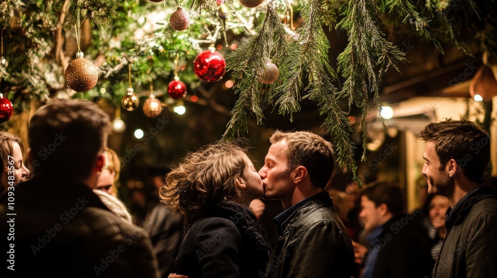 Couple Kissing Underneath Christmas Decorations Couple Kissing Underneath Christmas Decorations