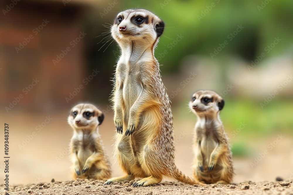 Alert meerkats standing guard in natural habitat Alert meerkats standing guard in natural habitat