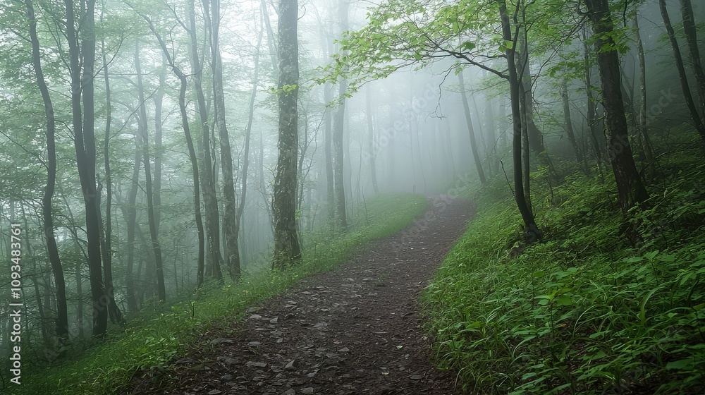 Obraz premium Serene Forest Path Unveiling Mysteries of Nature in a Foggy Landscape with Lush Greenery Surrounding Tranquil Walkway for Peaceful Exploration