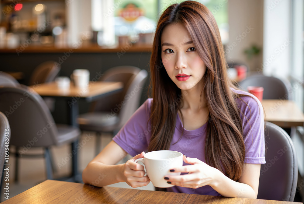 Photograph of a young Asian woman with long brown hair, wearing a purple shirt, holding a cup in a cafe Photograph of a young Asian woman with long brown hair, wearing a purple shirt, holding a cup in a cafe