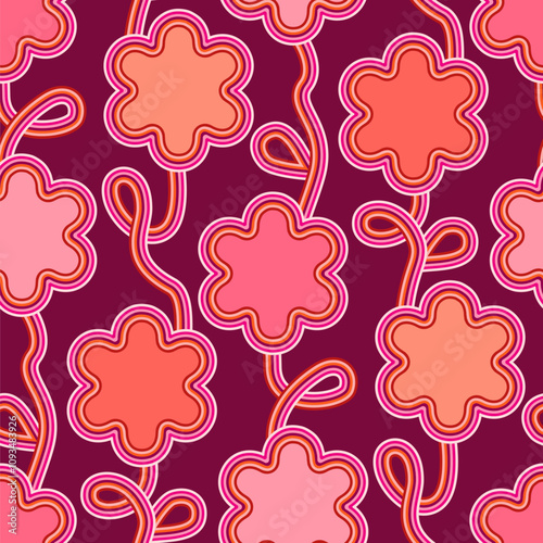 Decorative Flowers Seamless Pattern on Bordeaux Background	